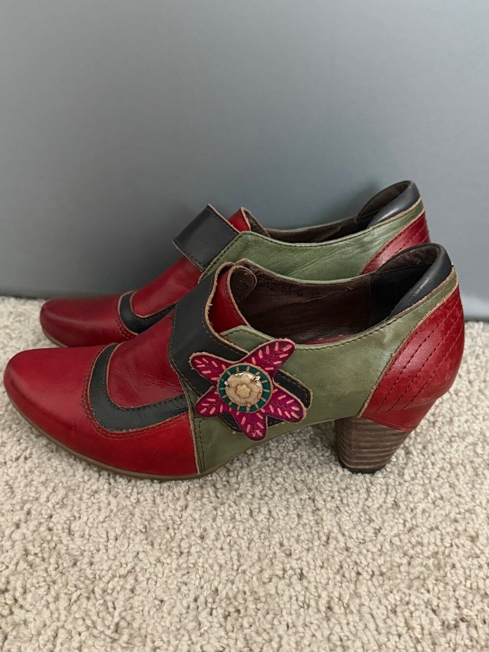 Spring Step Multi-Color Leather Floral Block Heel Booties Size 37 US Size 7 Boho